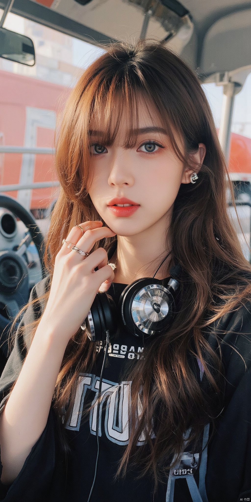 1girl, solo, long hair, looking at viewer, blue eyes, brown hair, jewelry, upper body, earrings, parted lips, hair over one eye, headphones, piercing, ground vehicle, ear piercing, motor vehicle, headphones around neck