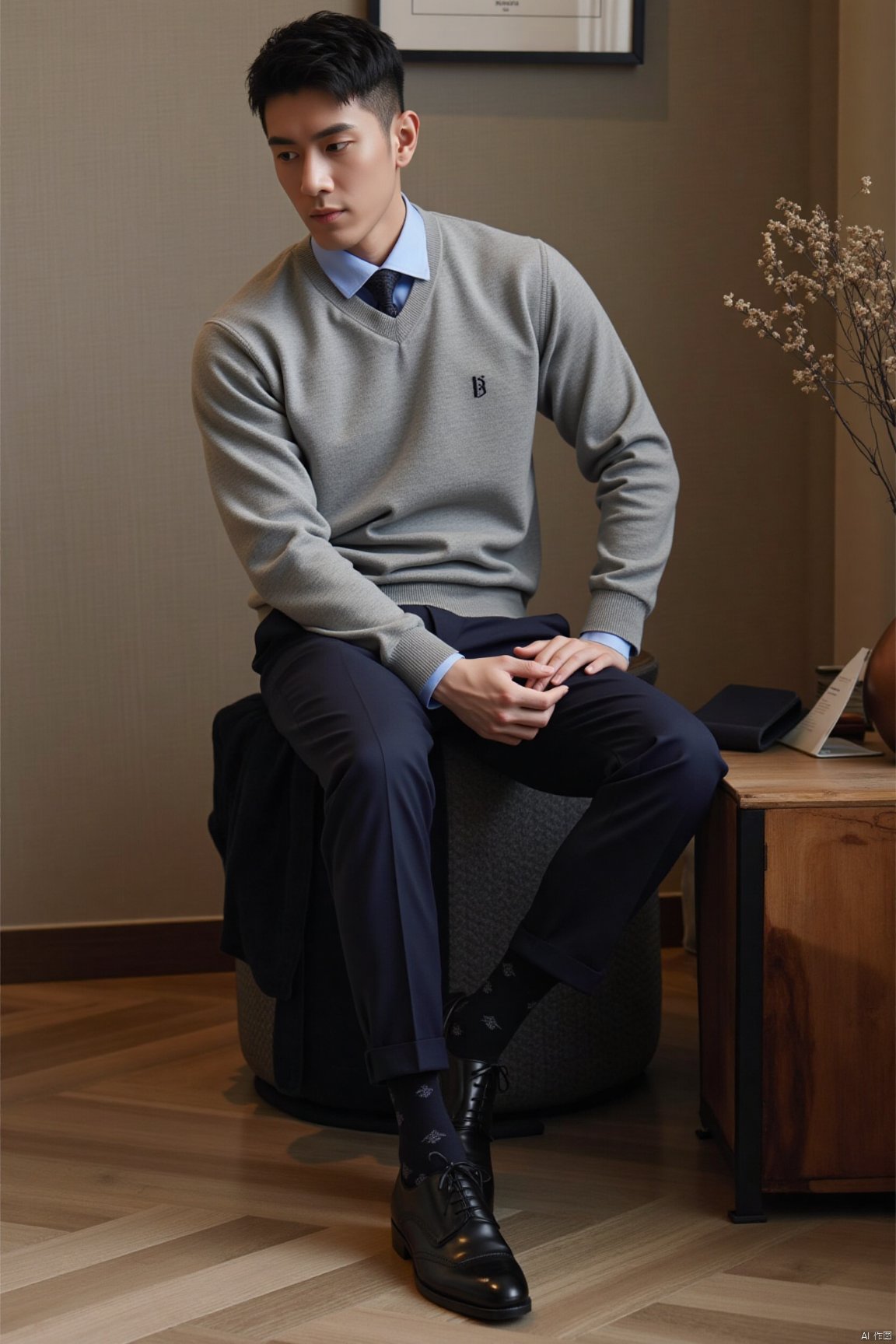 jzns, 1man,fashion model,asian,exquisite facial features,handsome,Business fashion,wearing sweater,shirt,pants,dark Pattern socks,Oxford style footwear,sitting,full body,indoors, natural  Lighting,magnificent,,masterpiece, realistic, best quality, highly detailed,biu