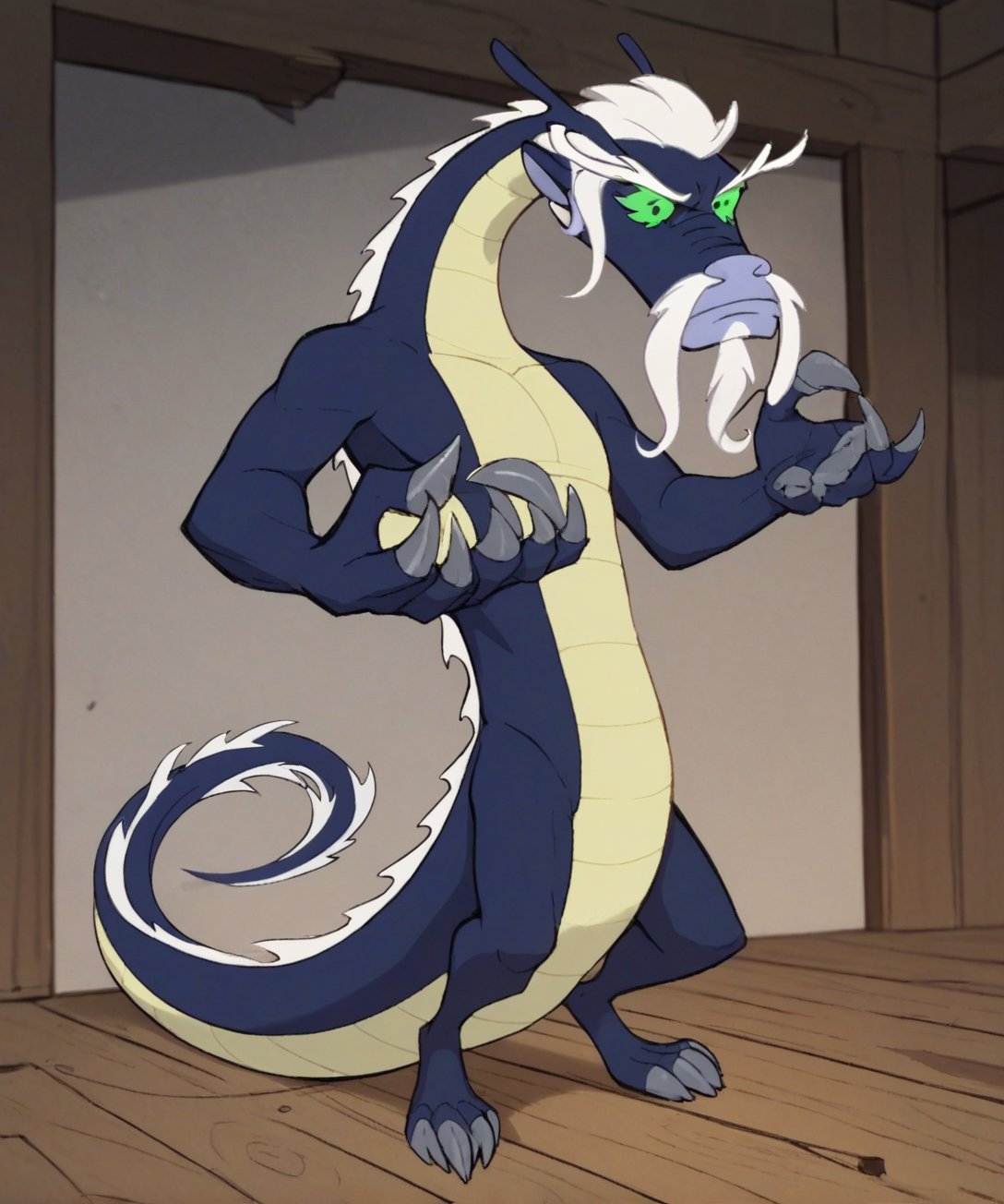 score_9, score_8_up, score_7_up,solo,anthro,claws,standing,LaoShiDG,eastern dragon,horns,white hair,white mustache,blue body,white goatee,yellow body,two tone body,green sclera,wooden floor,mature male