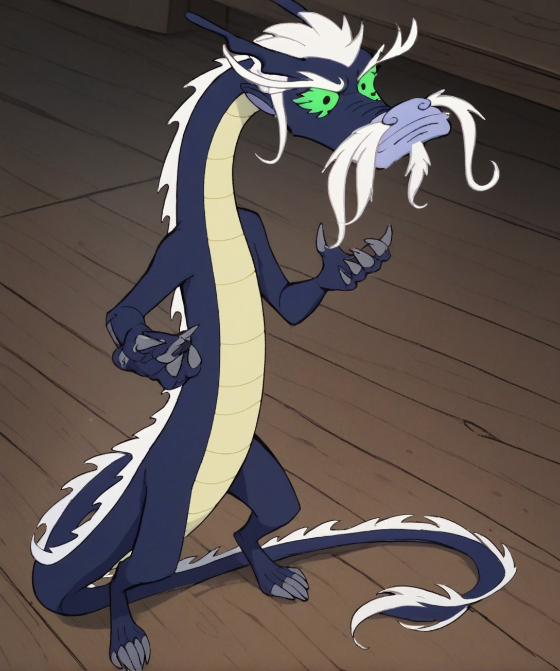 score_9, score_8_up, score_7_up,solo,anthro,claws,standing,LaoShiDG,eastern dragon,horns,white hair,white mustache,blue body,white goatee,yellow body,two tone body,green sclera,wooden floor