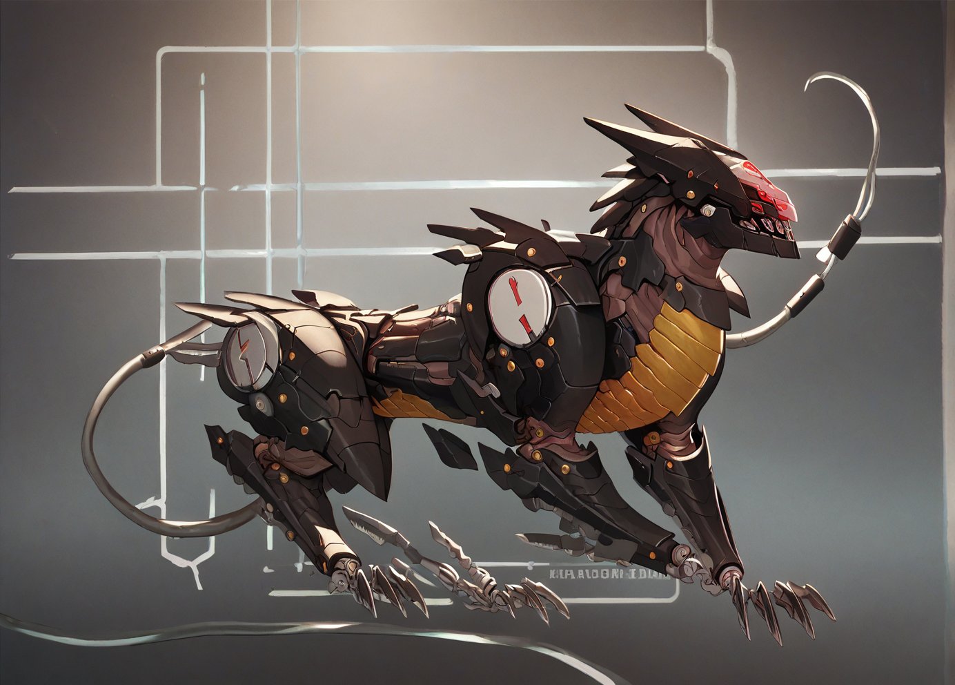 score_9, score_8_up, score_7_up,solo,feral,claws,,BWMGSPXL,non-humanoid robot,red eyes,robot joints,mechanical tail,laboratory,detailed background