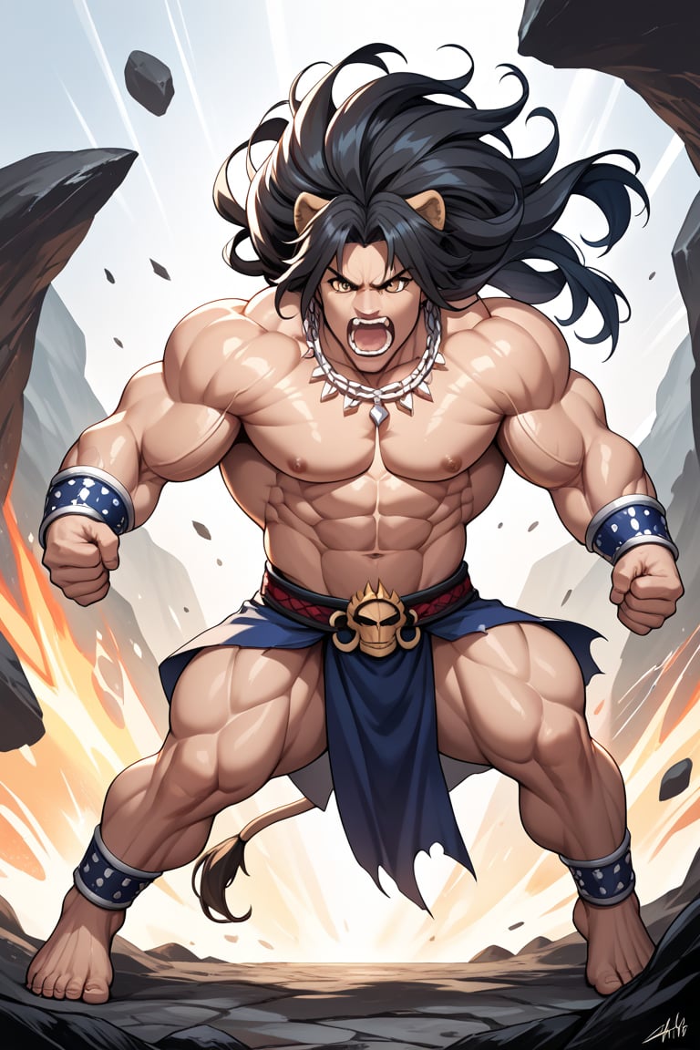 score_9,score_8_up,score_7_up,score_6_up,score_5_up,score_4_up,source_anime,Fate Grand Order,Heracles,berserker,tall,muscular,buff,grey skin,yellow eyes,long hair,black hair,barefoot,abs,biceps,pectoral muscles,anklet,braceletm wrestling with a lion, giant lion, fight, yelling, epic scene, rocks, dark detailed colors, ultra muscles,hyper muscles