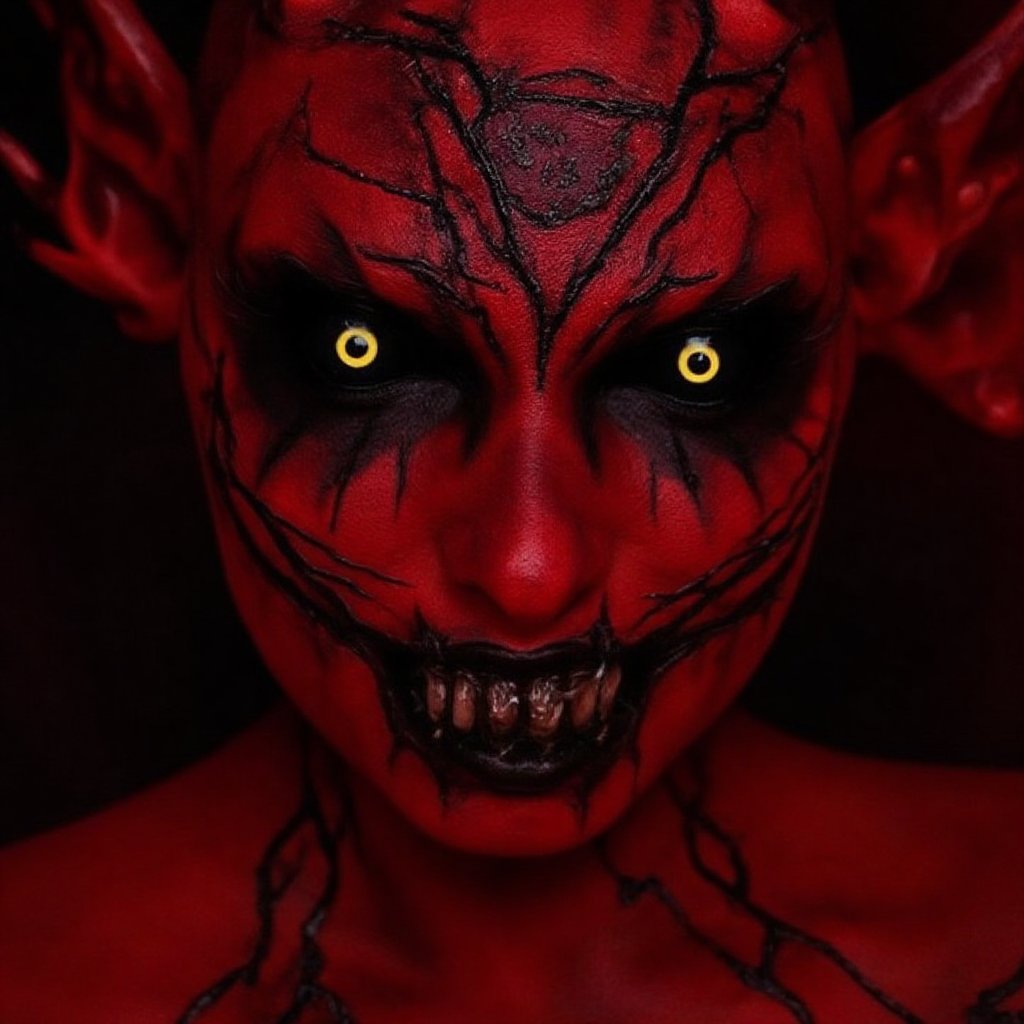  woman with her skin painted deep red, adorned with black cracks across her forehead and cheeks. Her makeup creates the illusion of horns breaking through her forehead, with black and red shading to give a realistic, terrifying effect. Her eyes are pure black or glowing yellow, with dramatic red and black eye makeup extending past her brows. Her lips are black, twisted into a sinister grin, and sharp, exaggerated contouring makes her face appear more angular, giving her the appearance of a fearsome demon straight from the underworld.