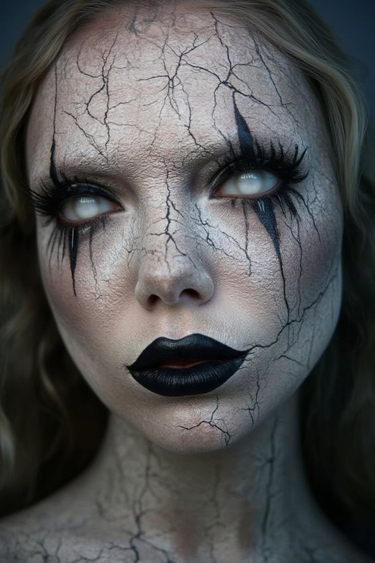 A woman with cracked porcelain-like skin, her face painted to resemble an old, broken doll. The cracks are detailed with dark lines extending from the corners of her eyes and mouth. Her eyes are oversized with white contacts, and her lips are painted in a creepy, unnatural smile with deep black lipstick. Her cheeks have a rosy blush, but her hollow eyes and eerie smile give her the appearance of a haunted, possessed doll.