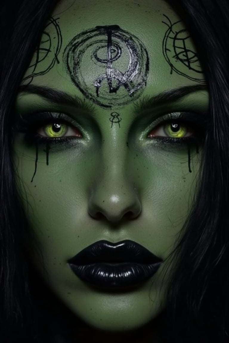 A woman with her face covered in dark, ominous symbols and sigils, drawn in black ink across her forehead, cheeks, and chin. Her skin has a sickly green tint, with deep, shadowy hollows under her eyes and harsh contouring on her cheekbones. Her lips are painted black with a metallic sheen, and her eyes glow with eerie green or yellow contacts, making her look like a cursed witch who’s been dabbling in dark magic for centuries.