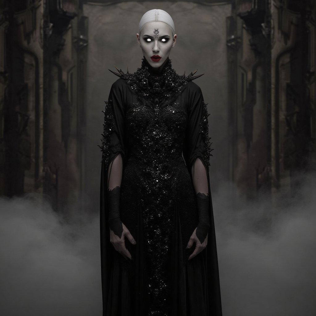 tall vampire queen stands proudly in a grand, ancient hall. Her face is pale but sculpted with precise makeup: deep burgundy lips, dramatic black eyeshadow, and silver highlights around her sharp eyes that glow faintly in the dark. Her long, flowing black dress glitters with dark gemstones, and her nails are painted a glossy black. Her veins are subtly visible beneath her skin, adding a supernatural touch. A mist swirls at her feet as she gazes out, both alluring and terrifying, the very essence of Halloween horror.