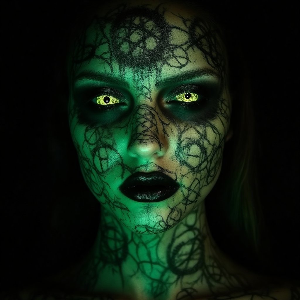 A woman with her face covered in dark, ominous symbols and sigils, drawn in black ink across her forehead, cheeks, and chin. Her skin has a sickly green tint, with deep, shadowy hollows under her eyes and harsh contouring on her cheekbones. Her lips are painted black with a metallic sheen, and her eyes glow with eerie green or yellow contacts, making her look like a cursed witch who’s been dabbling in dark magic for centuries.