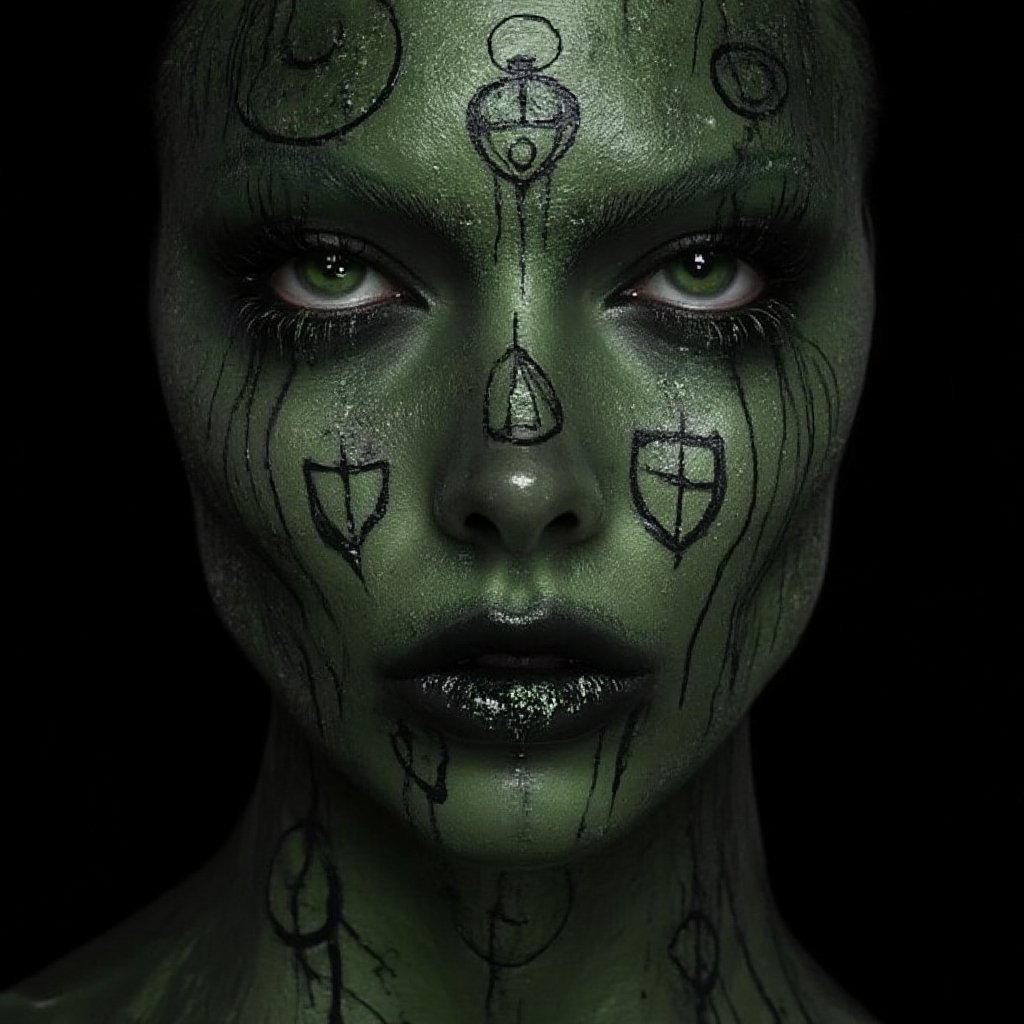 A woman with her face covered in dark, ominous symbols and sigils, drawn in black ink across her forehead, cheeks, and chin. Her skin has a sickly green tint, with deep, shadowy hollows under her eyes and harsh contouring on her cheekbones. Her lips are painted black with a metallic sheen, and her eyes glow with eerie green or yellow contacts, making her look like a cursed witch who’s been dabbling in dark magic for centuries.