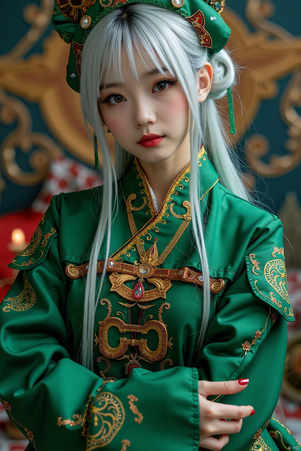 juzijiangshi,Real, perfect fingers, realistic, green clothes, 1girl, solo, (full body photos:1.5)