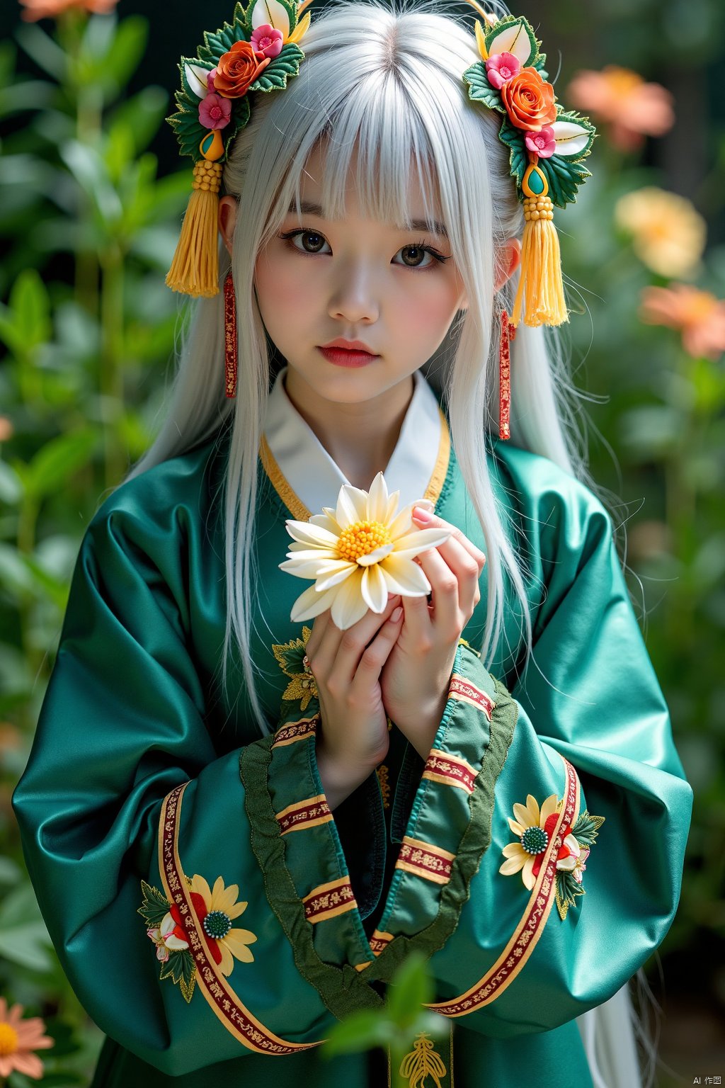 juzijiangshi,Real, perfect fingers, realistic, green clothes, 1girl, solo, flower, full body photos