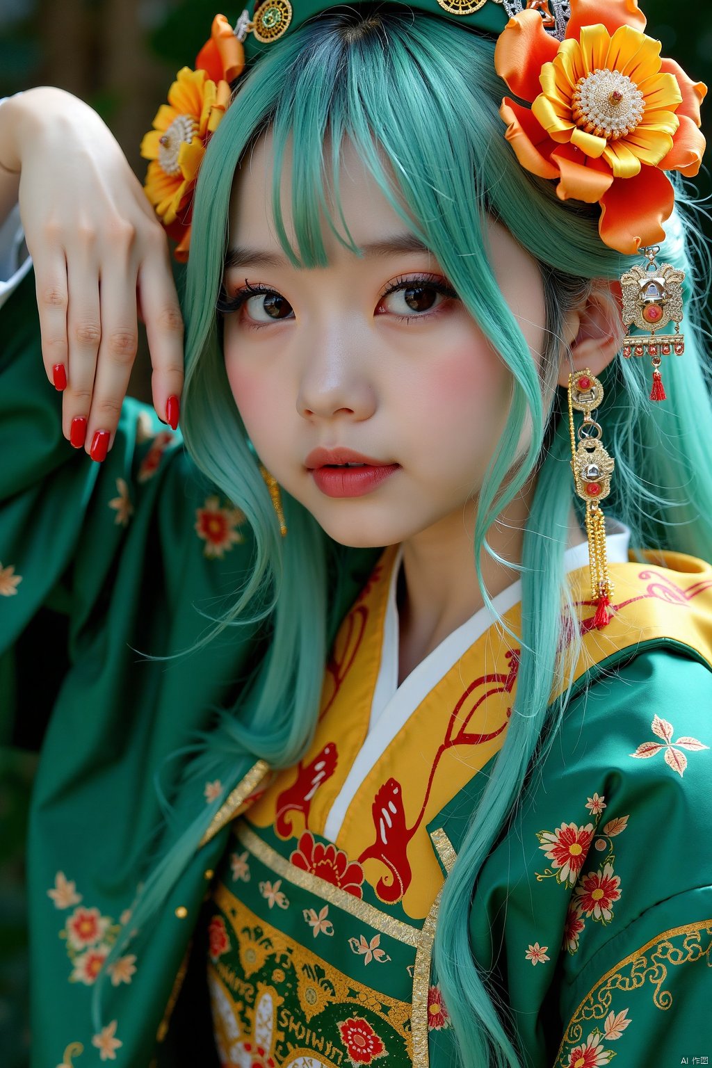 juzijiangshi,Real, perfect fingers, realistic, green clothes, 1girl, solo, flower, full body photos