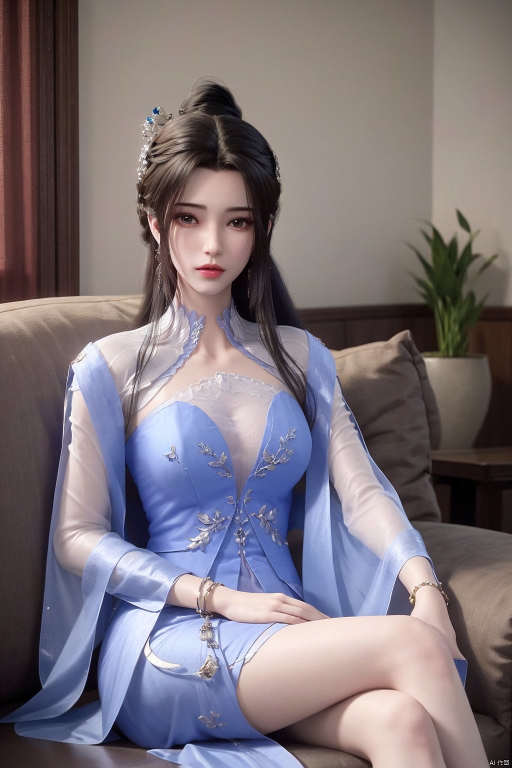 1girl, solo, long hair, looking at viewer, black hair, hair ornament, dress, jewelry, earrings, hair bun, chinese clothes,sitting on thecouch,living room