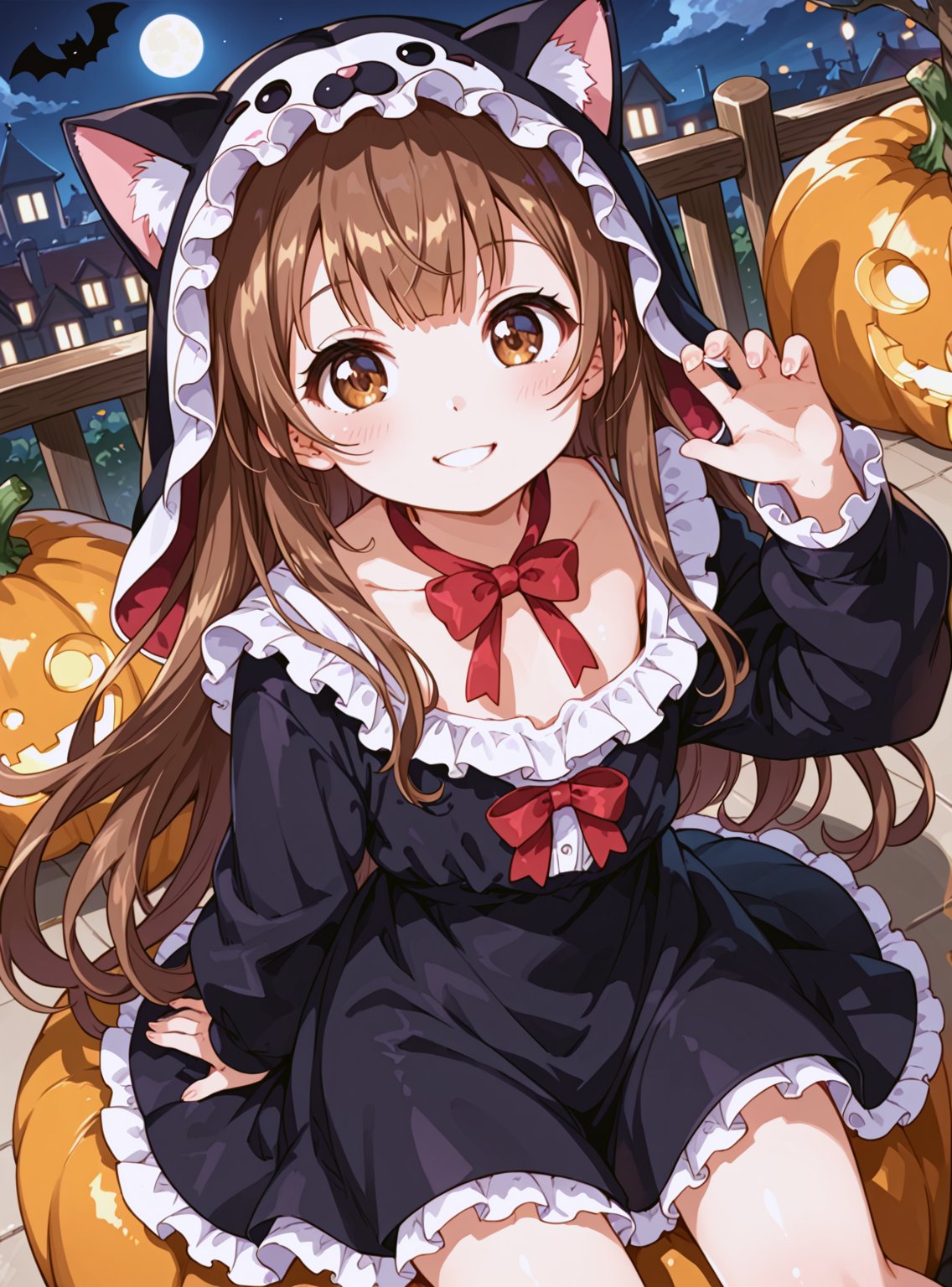 score_9, score_8_up, score_7_up, source_anime, (perfect anatomy:1.4), beautiful skin, 
,//characters, 
1child, solo, oomorohanako1, blush, long hair, brown hair, brown eyes, l
cat costume,
,//situation, 
halloween night
,//pose, 
sitting, from above, dutch angle, paw, smile
,/LoRA, beautiful_female_fingers, (4fingers and 1thumb), (correct number of fingers), (beautiful hands), perfect anatomy