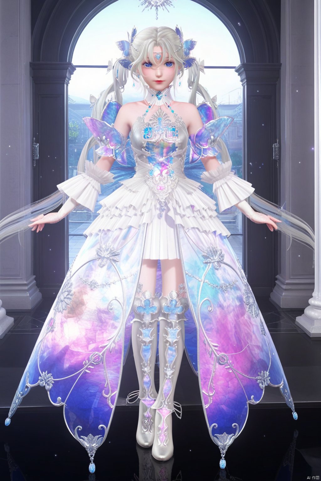 masterpiece, best quality, masterpiece,best quality,official art,extremely detailed CG unity 8k wallpaper,1girl,solo,long hair,looking at viewer,bangs,blue eyes,hair ornament,dress,bare shoulders,twintails,jewelry,white hair,boots,detached sleeves,white dress,see-through,white footwea,indoors,forehead mark,full body