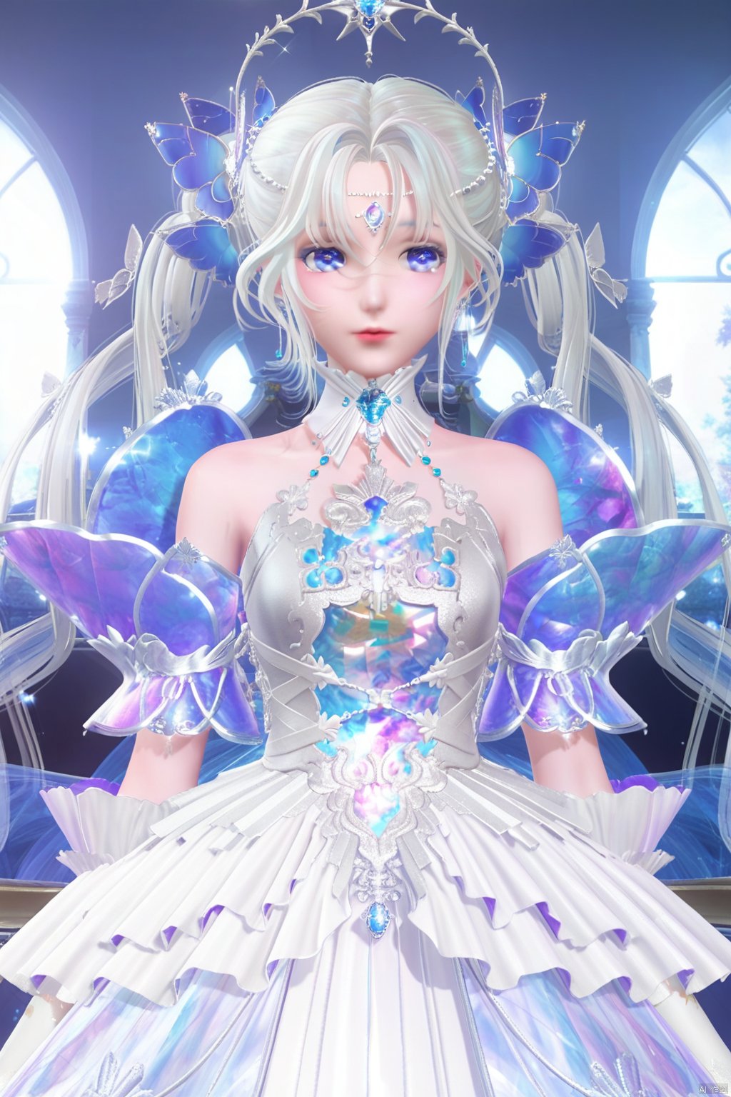 masterpiece, best quality, masterpiece,best quality,official art,extremely detailed CG unity 8k wallpaper,1girl,solo,long hair,looking at viewer,bangs,blue eyes,hair ornament,dress,bare shoulders,twintails,jewelry,white hair,detached sleeves,white dress,indoors,forehead mark,portrait