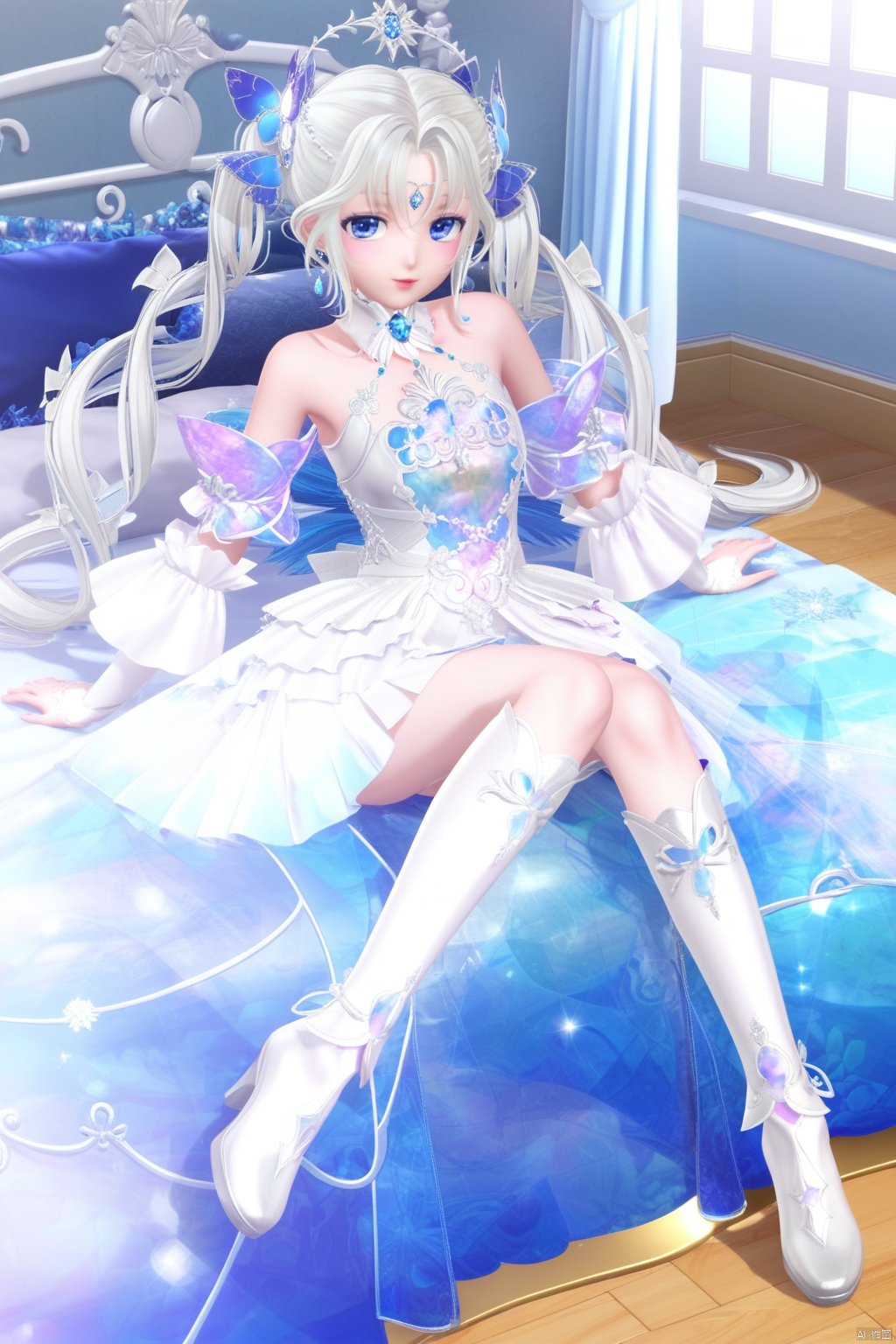 masterpiece, best quality, masterpiece,best quality,official art,extremely detailed CG unity 8k wallpaper,1girl,solo,long hair,looking at viewer,bangs,blue eyes,hair ornament,dress,bare shoulders,twintails,jewelry,white hair,boots,detached sleeves,white dress,see-through,white footwea,indoors,forehead mark,full body,lying,bed