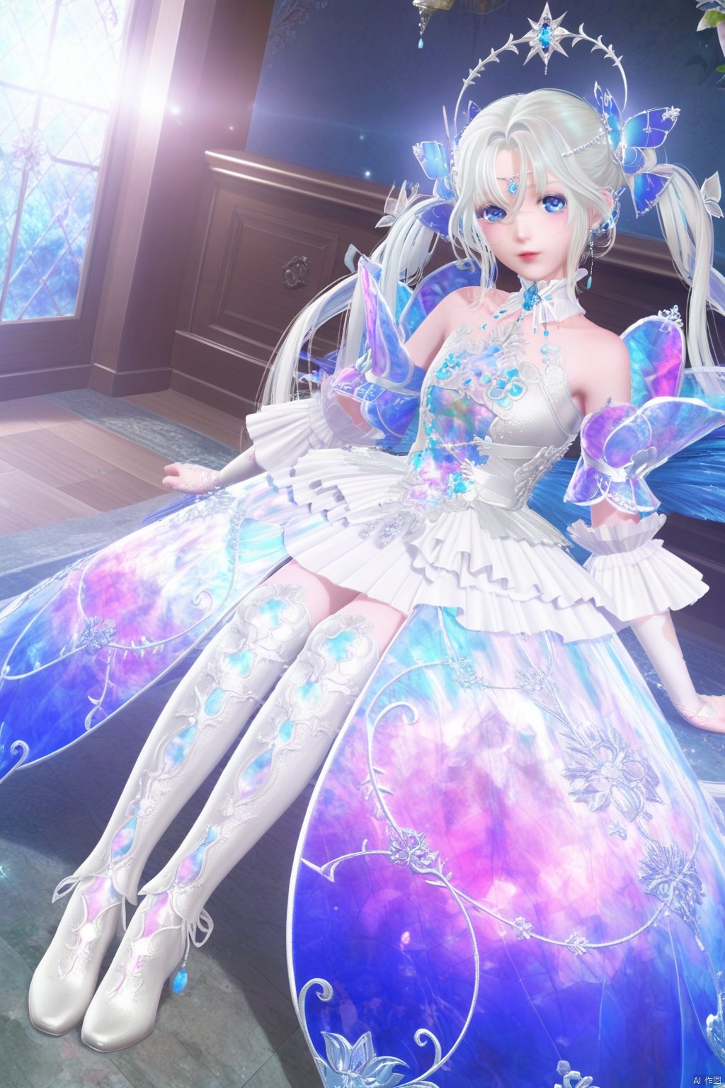 masterpiece, best quality, masterpiece,best quality,official art,extremely detailed CG unity 8k wallpaper,1girl,solo,long hair,looking at viewer,bangs,blue eyes,hair ornament,dress,bare shoulders,twintails,jewelry,white hair,boots,detached sleeves,white dress,see-through,white footwea,indoors,forehead mark,full body