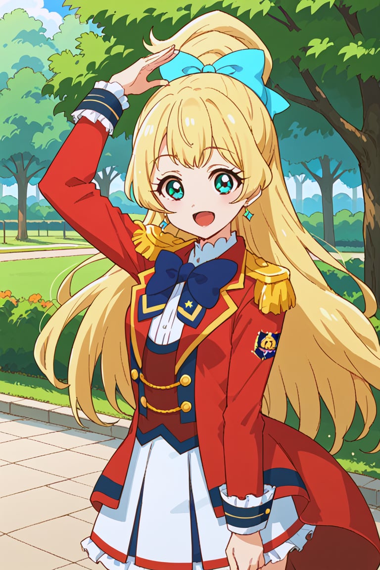 score_9, score_8_up, score_7_up, aikatsu, 1girl, solo, hime shiratori, blonde hair, high ponytail, long hair, bangs, aqua eyes, light blue hair bow, blue bowtie, S4 uniform, red jacket, epaulettes, long sleeves, sleeve cuffs, pleated skirt, white skirt, frills,  outside, park, smile, open mouth, standing, arm up, 👋