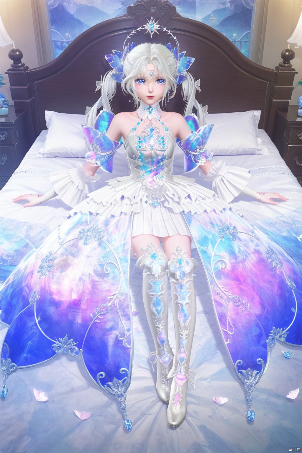 masterpiece, best quality, masterpiece,best quality,official art,extremely detailed CG unity 8k wallpaper,1girl,solo,long hair,looking at viewer,bangs,blue eyes,hair ornament,dress,bare shoulders,twintails,jewelry,white hair,boots,detached sleeves,white dress,see-through,white footwea,indoors,forehead mark,full body,lying,bed