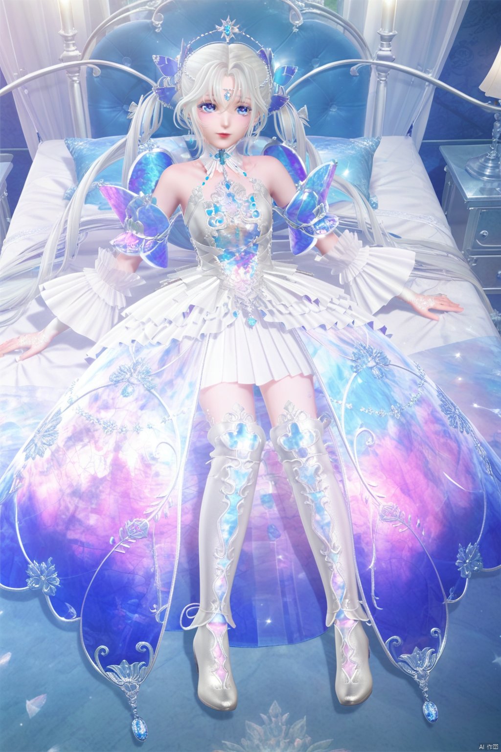 masterpiece, best quality, masterpiece,best quality,official art,extremely detailed CG unity 8k wallpaper,1girl,solo,long hair,looking at viewer,bangs,blue eyes,hair ornament,dress,bare shoulders,twintails,jewelry,white hair,boots,detached sleeves,white dress,see-through,white footwea,indoors,forehead mark,full body,lying,bed