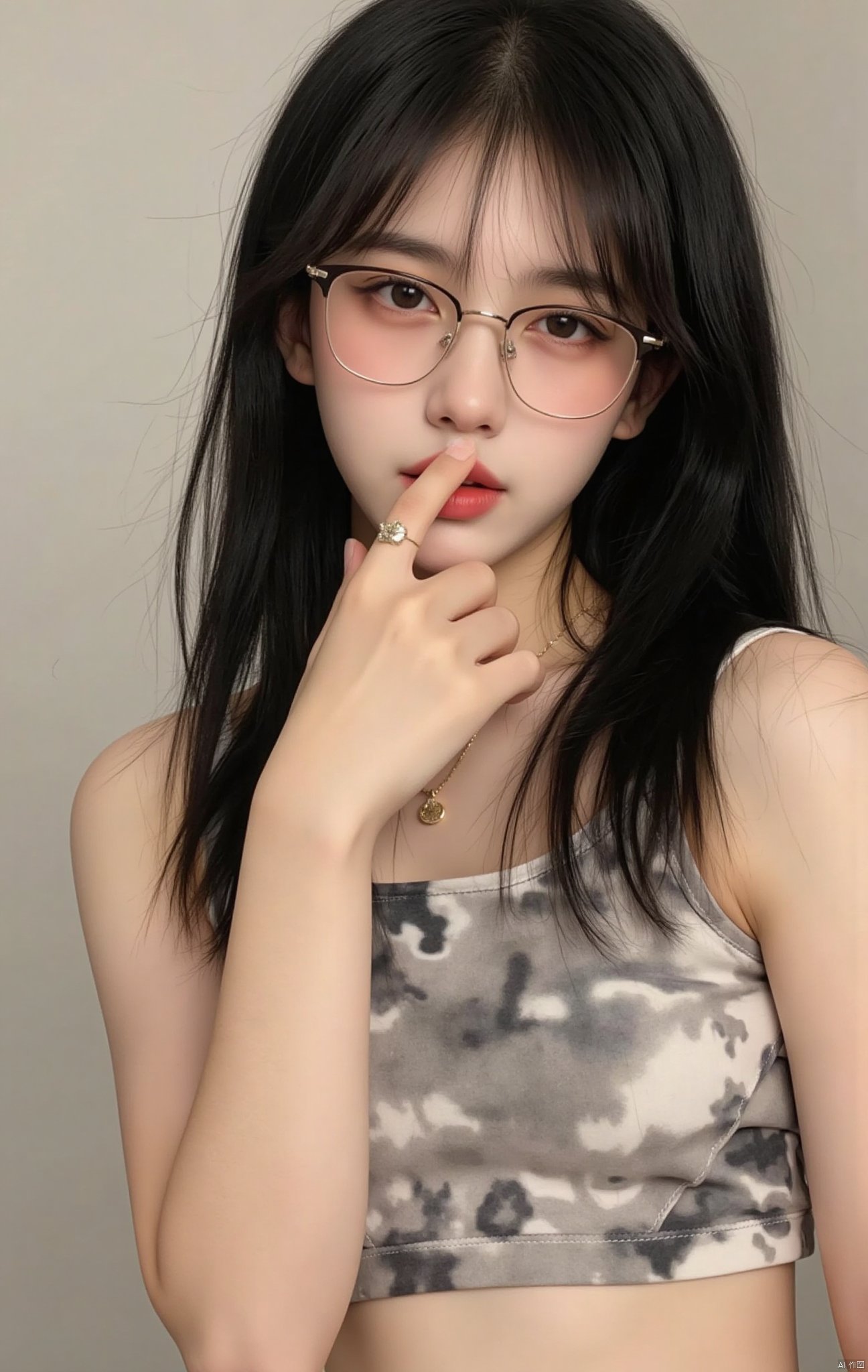 1 girl, solo, long hair, looking at the audience, black hair, jewelry, mid chest, lips open, one eye closed, glasses, solo focus, mole, black eyes, lips, tilted head, ring, finger to mouth, realistic