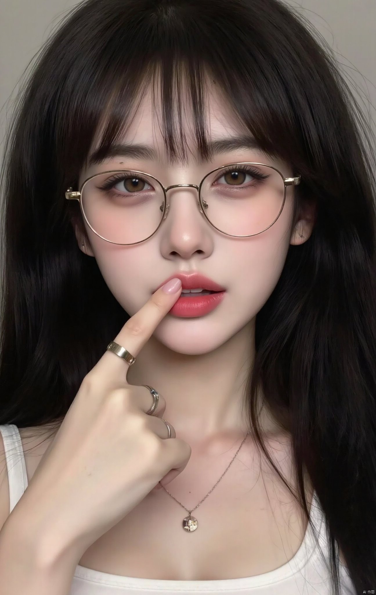 1girl, solo, long hair, looking at viewer, black hair, jewelry, upper body, parted lips, one eye closed, glasses, solo focus, mole, black eyes, lips, head tilt, mole under eye, ring, finger to mouth, realistic