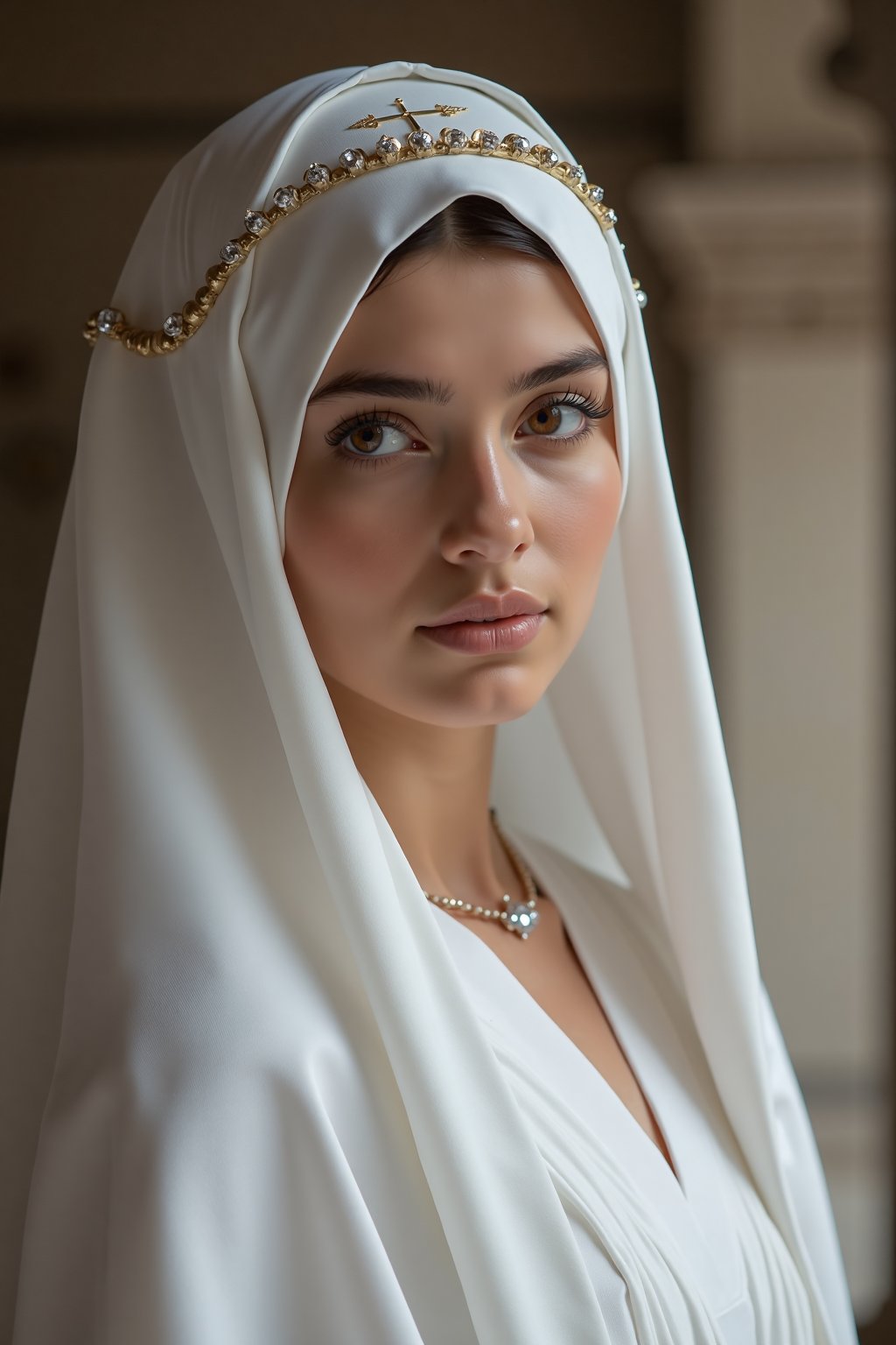 A Byzantine style girl in monastery, white head-cloths and veils. (masterpiece, top quality, best quality, official art, beautiful and aesthetic:1.2), (1girl:1.4), portrait, extreme detailed, highest detailed, simple background, 16k, high resolution, perfect dynamic composition, bokeh, (sharp focus:1.2), super wide angle, high angle, high color contrast, medium shot, depth of field, blurry background