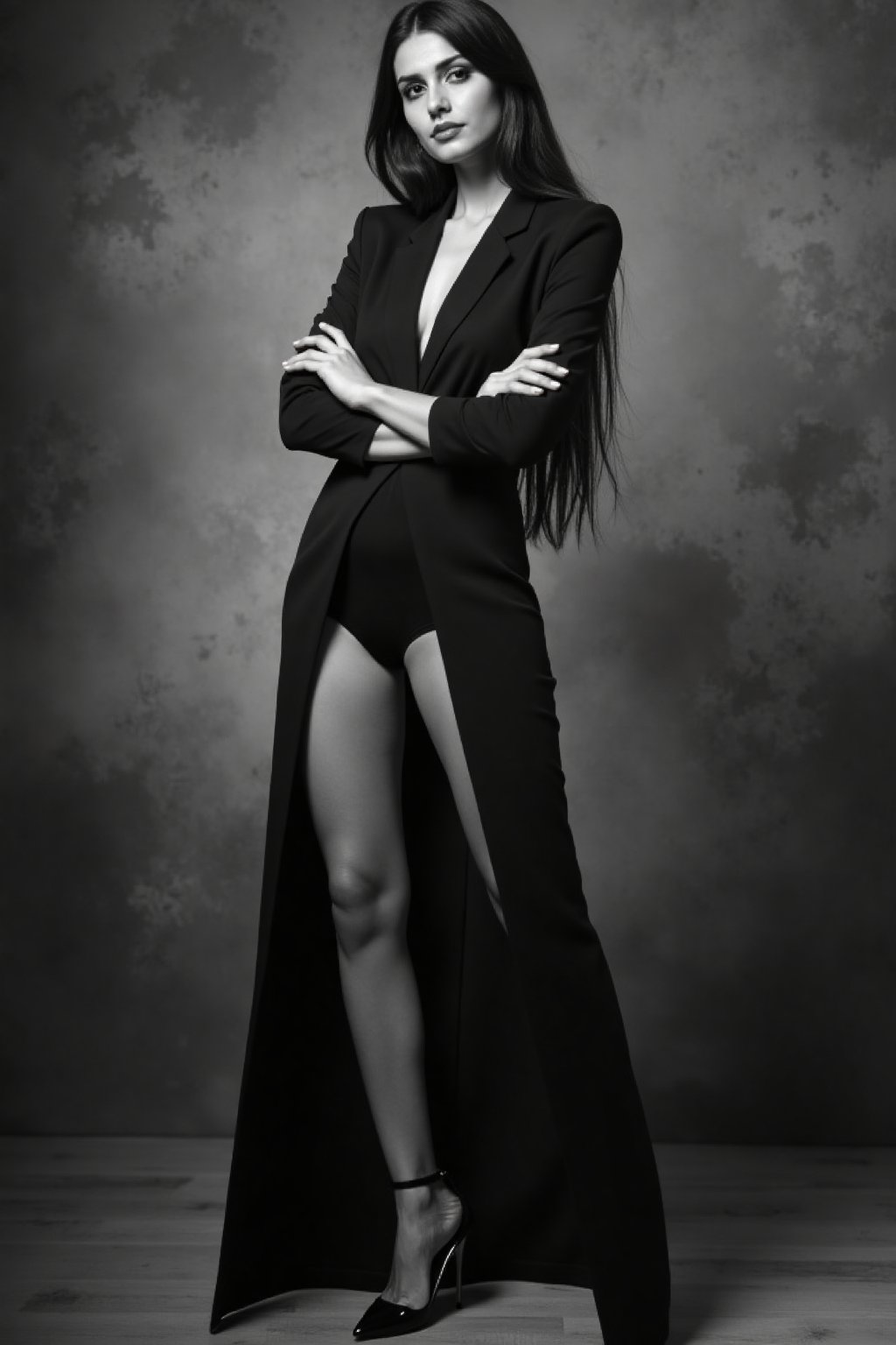 A photo of a woman with long, flowing hair and a mysterious expression, wearing a high-fashion, structured dress and high heels. She is standing with one leg slightly forward, her arms crossed over her chest. The image is in black and white with high contrast, likely shot with a DSLR camera, possibly a Canon EOS 5D Mark IV, with an aperture of f/2.8, a shutter speed of 1/125s, and an ISO of 800. The background is a blurred, abstract pattern. Full-body shot, indoor setting, high-fashion attire, dramatic pose, dark eyes, enigmatic, monochrome, high quality, studio lighting