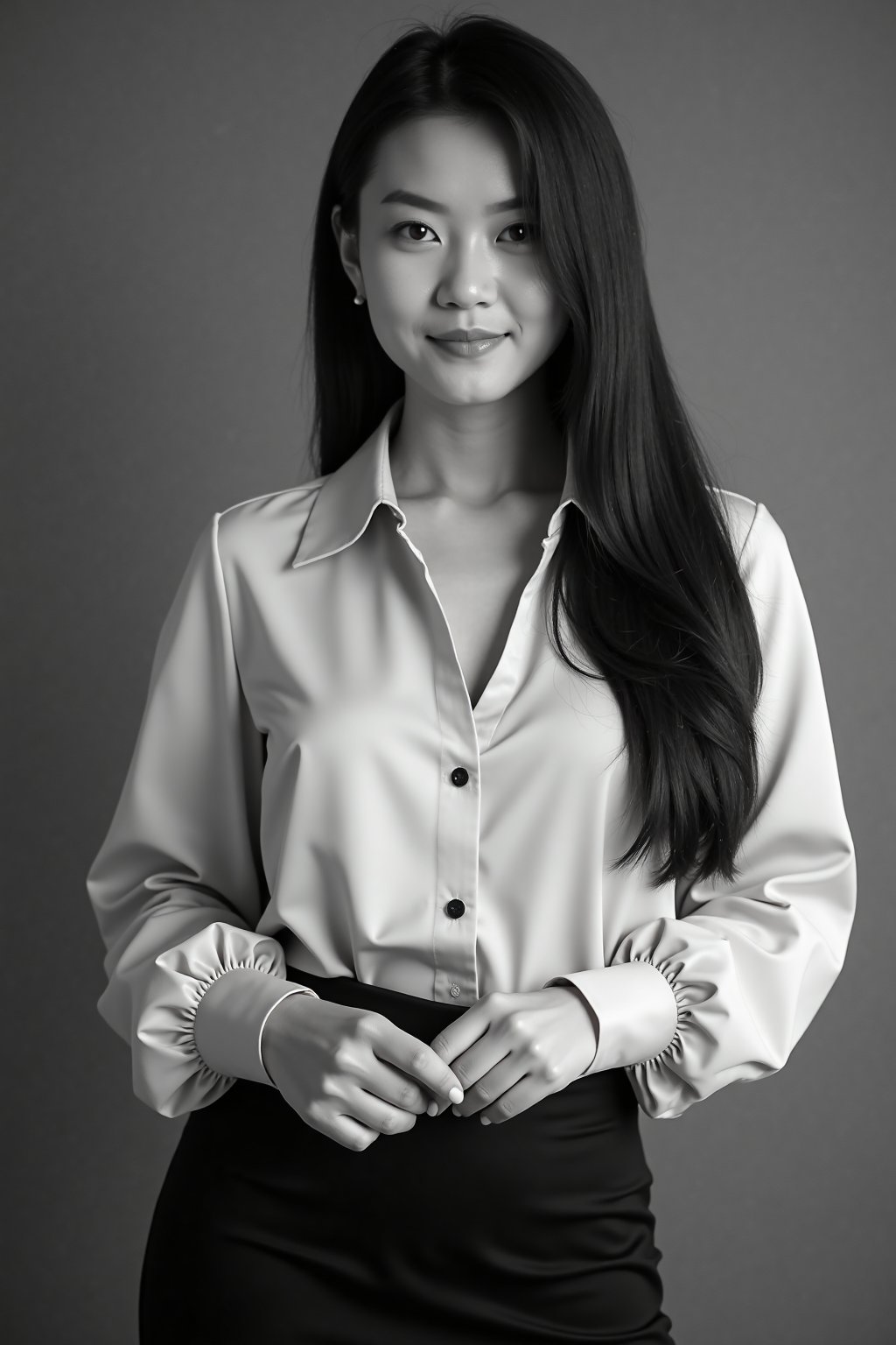 A photo of a woman with long, straight hair and a serene expression, wearing a high-necked, buttoned-up blouse and a pencil skirt, standing with her hands clasped in front of her. She is positioned slightly to the side, looking directly at the camera with a gentle smile. The image is in black and white with high contrast, likely shot with a DSLR camera, possibly a Canon EOS 5D Mark IV, with an aperture of f/2.8, a shutter speed of 1/125s, and an ISO of 800. The background is a simple, blurred gradient that draws attention to the woman. Medium close-up shot, indoor setting, professional attire, composed pose, clean makeup, light eyes, elegant, business casual, monochrome, high quality, studio lighting.