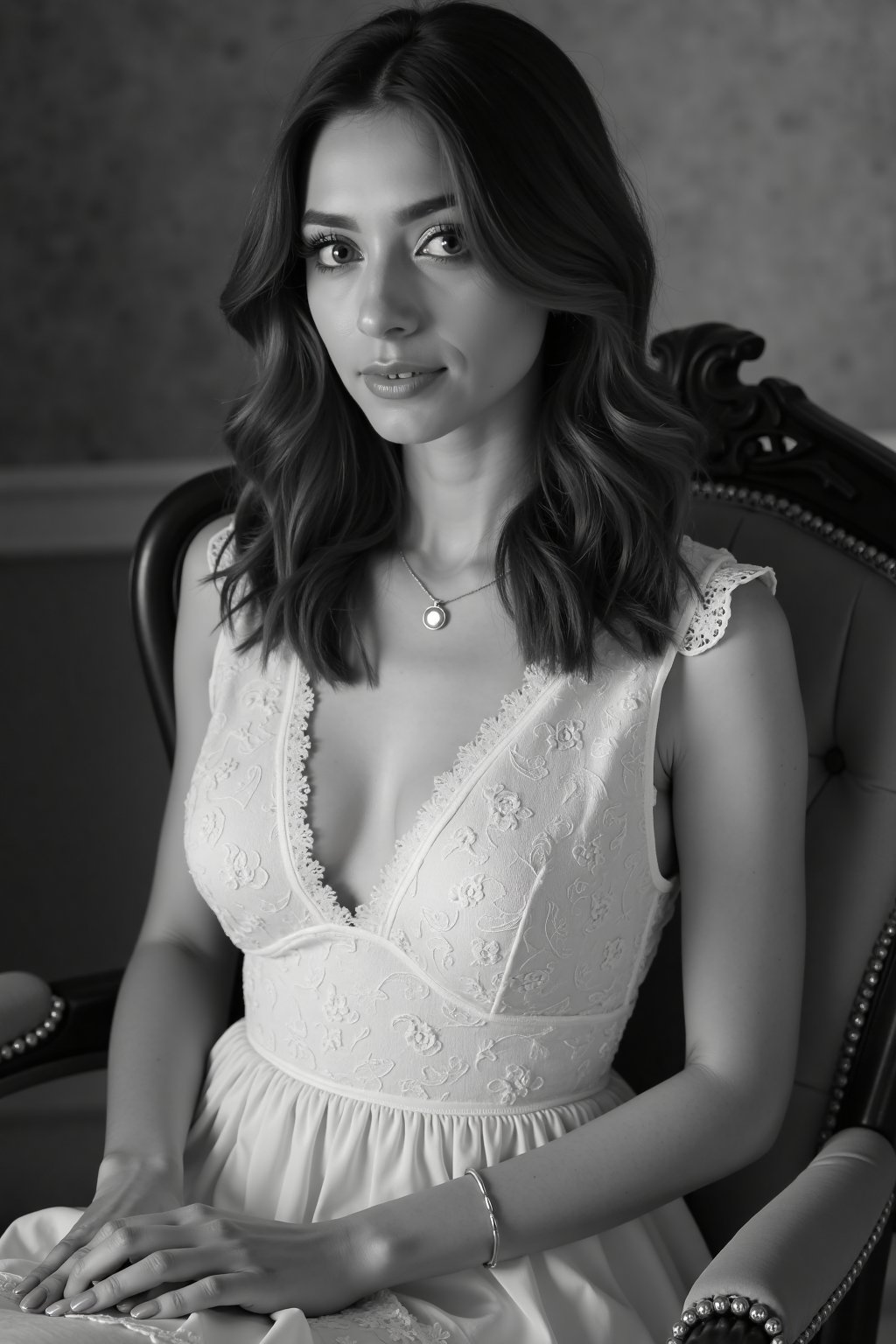 A photo of a woman with wavy, shoulder-length hair and a soft, serene expression, wearing a high-necked lace dress and a delicate necklace. She is seated on a vintage armchair, her hands gently resting on her lap. Her gaze is slightly downward, giving a contemplative look. The image is in black and white with high contrast, likely shot with a DSLR camera, possibly a Canon EOS 5D Mark IV, with an aperture of f/2.8, a shutter speed of 1/125s, and an ISO of 800. The background is a blurred, textured wall. Close-up shot, indoor setting, elegant attire, graceful pose, light eyes, serene expression, timeless, monochrome, high quality, studio lighting