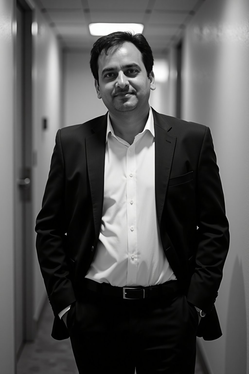 Black and white photograph of a man standing in a hallway, wearing a dark suit and a white dress shirt, looking directly at the camera with a neutral expression. The lighting is soft and even, casting gentle shadows. The background includes closed doors and a wall, creating a sense of depth. The photo has a high contrast and a grainy texture. Likely taken with a DSLR camera, possibly a Canon EOS 5D Mark III, with an aperture of f/2.8, shutter speed of 1/125 sec, and ISO 800