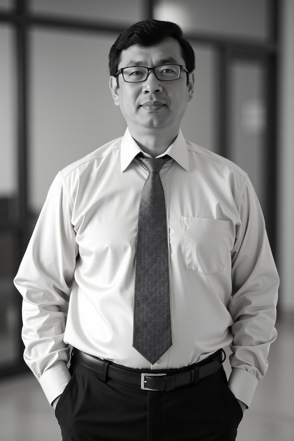 Black and white photo of a middle-aged man with short dark hair and glasses, standing confidently with his hands in his pockets. He is wearing a light-colored dress shirt with the top button undone and a patterned tie. The background is out of focus, showing a modern interior with glass doors and a wall. The lighting is soft and even, creating a professional and formal atmosphere. Likely taken with a DSLR camera, aperture f/2.8, shutter speed 1/60s, ISO 400.