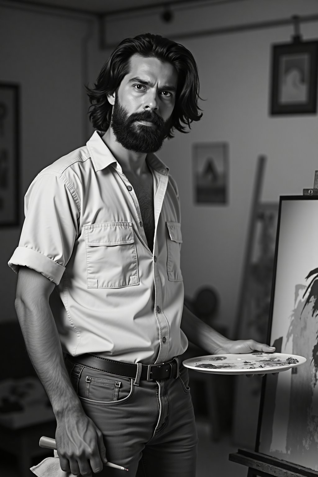 A photo of a man with a scruffy beard and tousled, medium-length hair, wearing a simple, loose-fitting shirt and jeans. He is standing next to a large canvas, holding a paintbrush in one hand and a palette in the other. His expression is intense and focused. The image is in black and white with high contrast, likely shot with a DSLR camera, possibly a Canon EOS 5D Mark IV, with an aperture of f/2.8, a shutter speed of 1/125s, and an ISO of 800. The background is a blurred, cluttered artist's studio. Medium close-up shot, indoor setting, casual attire, dynamic pose, expressive face, deep-set eyes, creative, monochrome, high quality, studio lighting