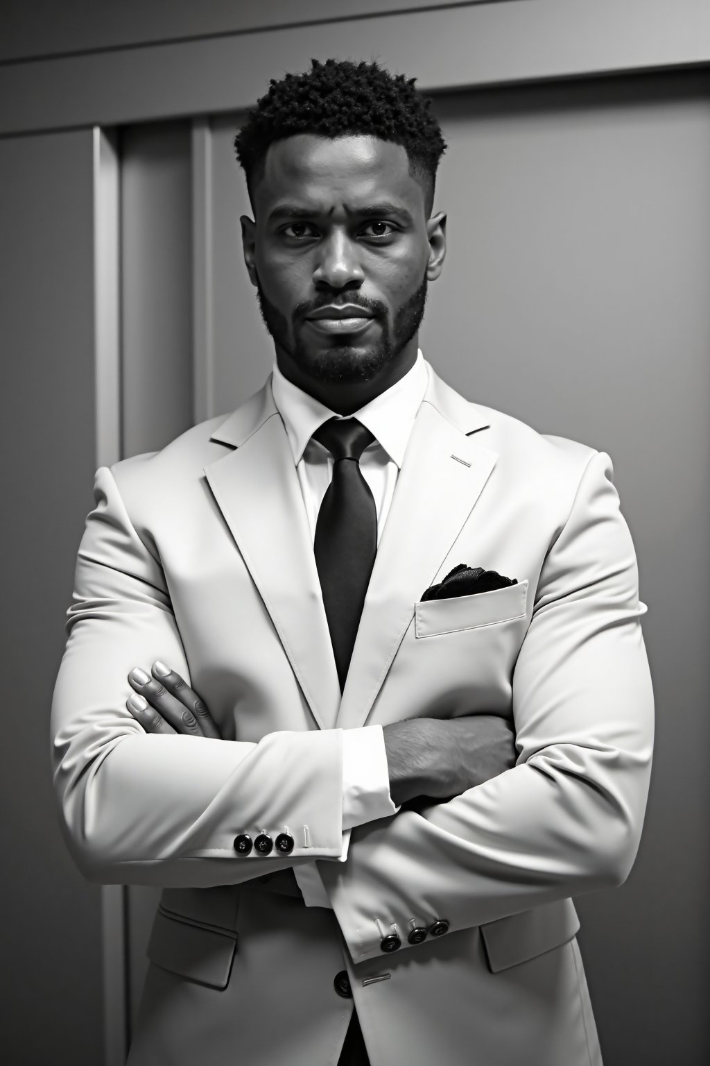 Photo of a man with short, curly hair and a serious expression, wearing a light-colored suit and tie, standing with his arms crossed in front of a sliding door closet. Black and white image with a high contrast, likely shot with a DSLR camera, possibly a Canon EOS 5D Mark IV, with an aperture of f/2.8, a shutter speed of 1/125s, and an ISO of 800. The background is blurred, focusing attention on the man. Medium close-up shot, indoor setting, professional attire, confident pose, clean-shaven face, dark eyes, neutral expression, elegant, business attire, formal wear, monochrome, high quality, studio lighting.