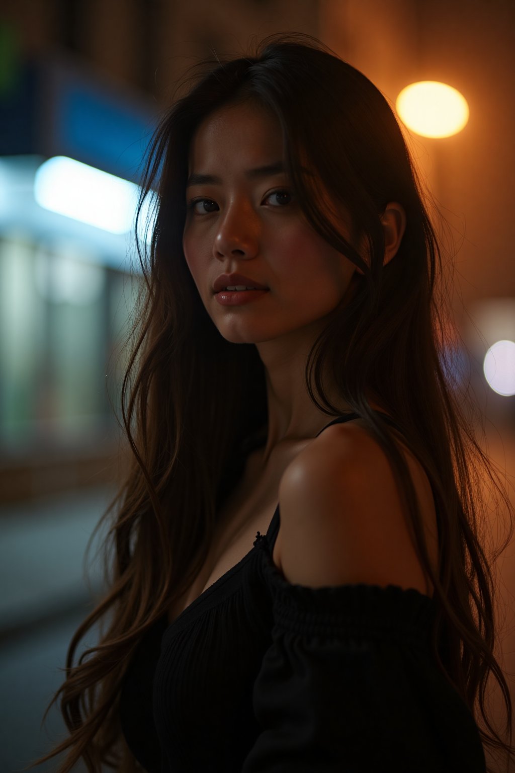  aesthetic portrait, 1girl,solo, long hair, bokeh, depth of field, cinematic, nighttime ,aesthetic portrait,b3rli,ch3ls3a,gh3a,lun4