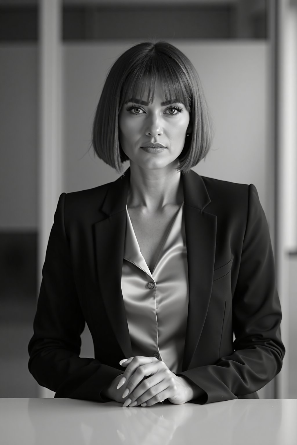 A photo of a woman with a bob cut and a sharp, determined expression, wearing a tailored blazer and a silk blouse. She is standing behind a modern conference table, one hand resting on the table and the other gesturing. The image is in black and white with high contrast, likely shot with a DSLR camera, possibly a Canon EOS 5D Mark IV, with an aperture of f/2.8, a shutter speed of 1/125s, and an ISO of 800. The background is a blurred, sleek corporate office. Medium close-up shot, indoor setting, professional attire, commanding presence, clean makeup, sharp eyes, confident, monochrome, high quality, studio lighting