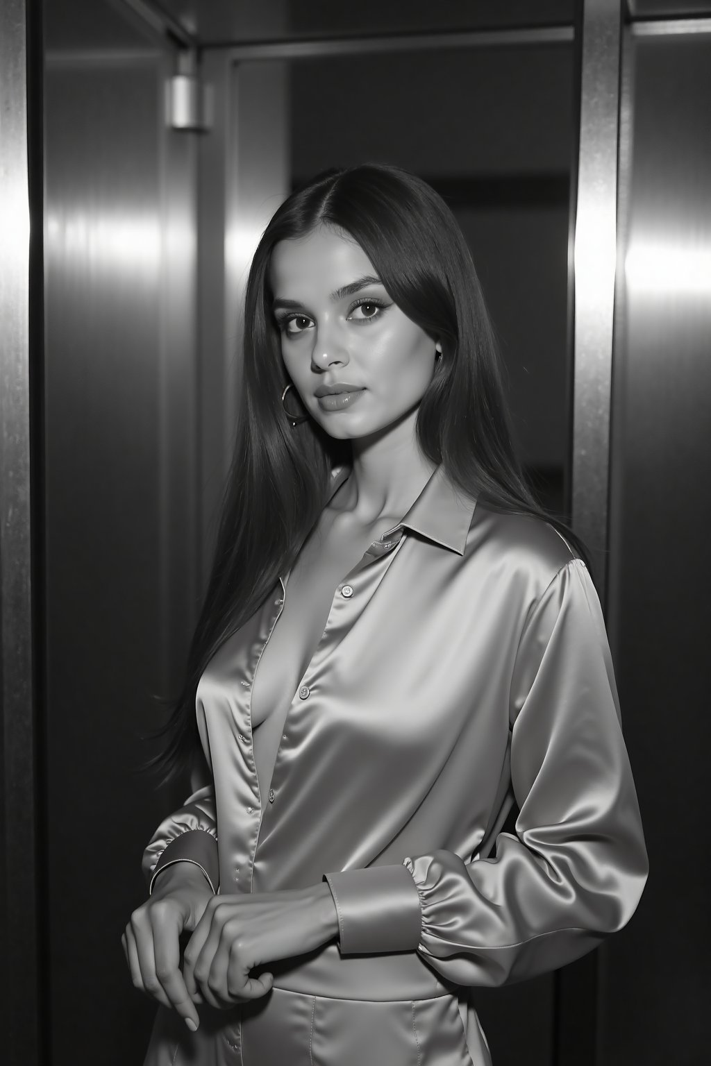 A black and white photo of a young woman with long, straight hair, standing in a dimly lit room with mirrored doors behind her. She is wearing a silky, button-up blouse with the top button undone, revealing a hint of cleavage. Her hands are clasped in front of her. The lighting is soft and creates gentle shadows. The photo has a grainy texture, likely shot with a film camera. The woman has a neutral expression and is looking directly at the camera. The image has a vintage, classic feel. Likely shot with a medium format film camera, 50mm lens, f/2.8, 1/125s, ISO 400.