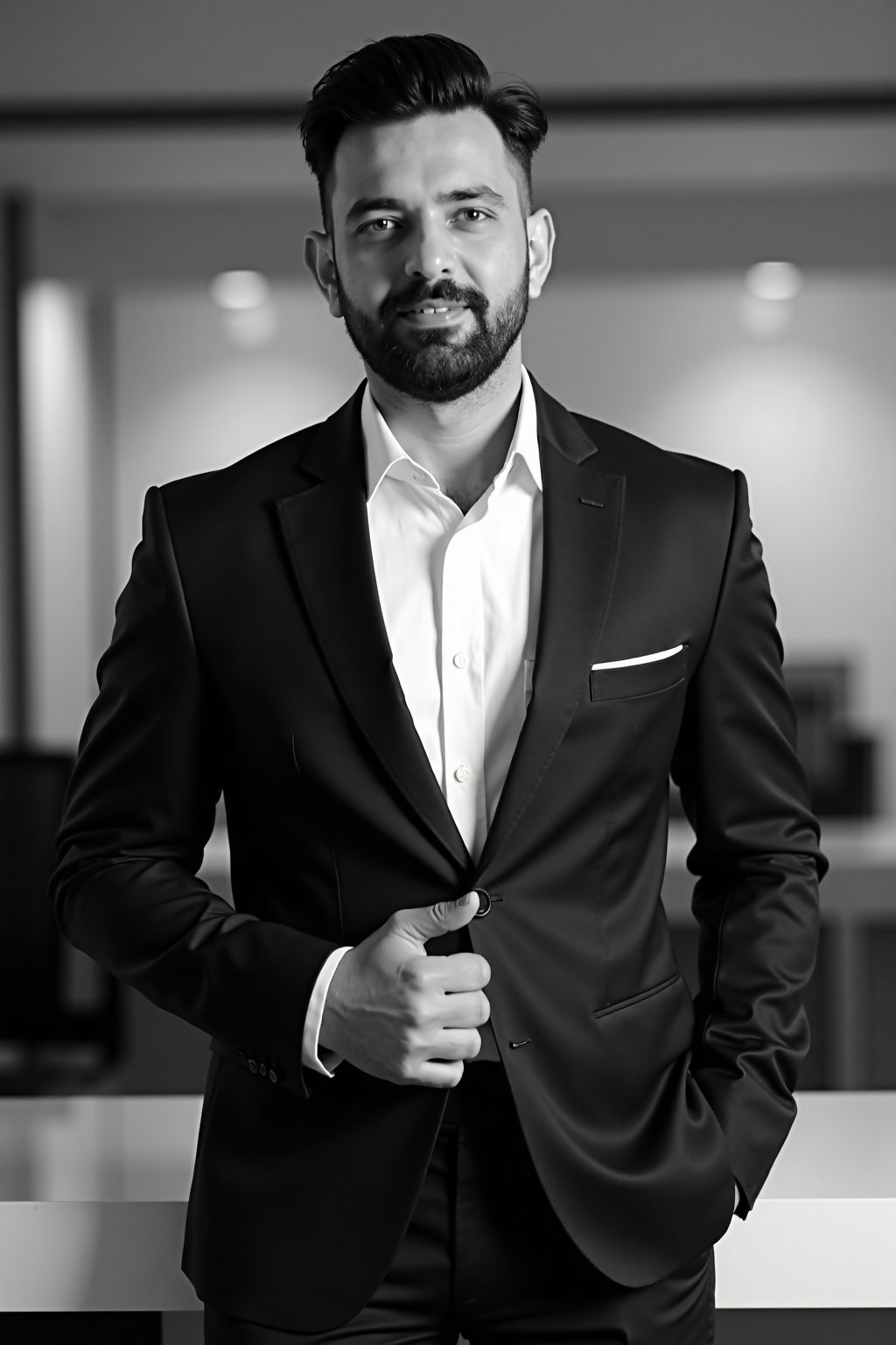 A photo of a man with a neatly trimmed beard and short, slicked-back hair, wearing a dark suit and a white dress shirt with the top button undone. He is standing with one hand in his pocket and the other resting on a sleek, modern desk. His expression is confident and slightly smiling. The image is in black and white with high contrast, likely shot with a DSLR camera, possibly a Canon EOS 5D Mark IV, with an aperture of f/2.8, a shutter speed of 1/125s, and an ISO of 800. The background is a blurred, minimalist office setting. Medium close-up shot, indoor setting, professional attire, relaxed yet authoritative pose, clean-shaven face, piercing eyes, elegant, business formal, monochrome, high quality, studio lighting