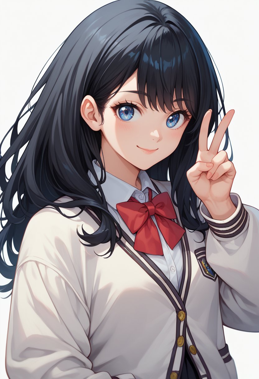 score_9, score_8_up, score_7_up, source_anime, RikkaGridman, black hair, long hair, blue eyes, school uniform, collared shirt, white cardigan, long sleeves, red bowtie, black skirt, upper body, smile, closed mouth, v