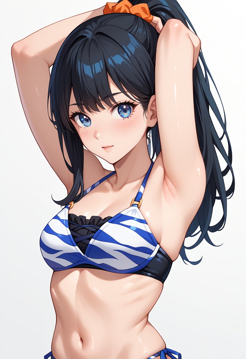 score_9, score_8_up, score_7_up, source_anime, RikkaGridman, black hair, long hair, ponytail, hair scrunchie, orange scrunchie, blue eyes, black bikini, blue bikini, white bikini, layered bikini, mismatched bikini, side-tie bikini bottom, animal print, upper body, arms up, armpits