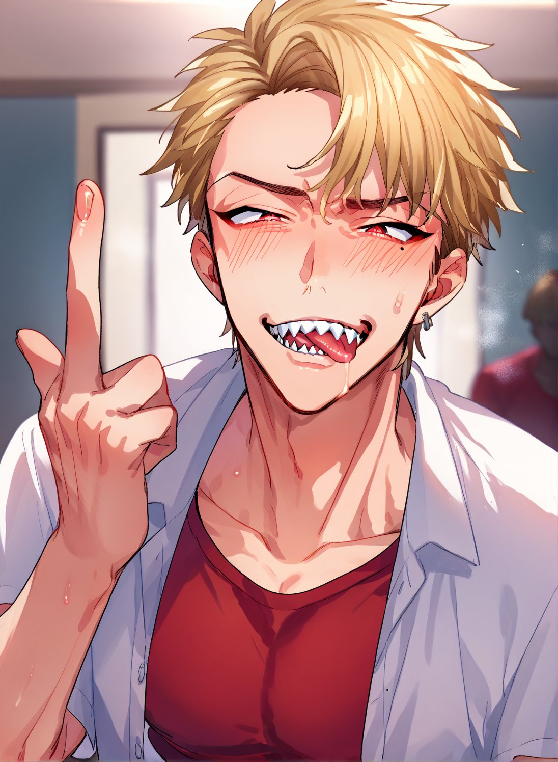 score_8_up,score_9_up,source_anime,1boy, solo_focus,seiya,blonde hair,red eyes,sharp teeth,mole under eyes,white shirt,red t-shirt,open_shirt, naughty_face, middle_finger