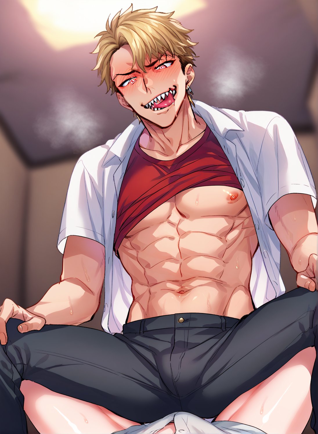 score_8_up,score_9_up,source_anime,2boys, solo_focus,seiya,blonde hair,red eyes,sharp teeth,mole under eyes,white shirt,red t-shirt,(open_shirt), naughty_face, smug, hypnosis, mind control, swirly_eyes, male_pov, shirt_lift, (sitting_on_person), leg_spread ,pants,abs, looking_down