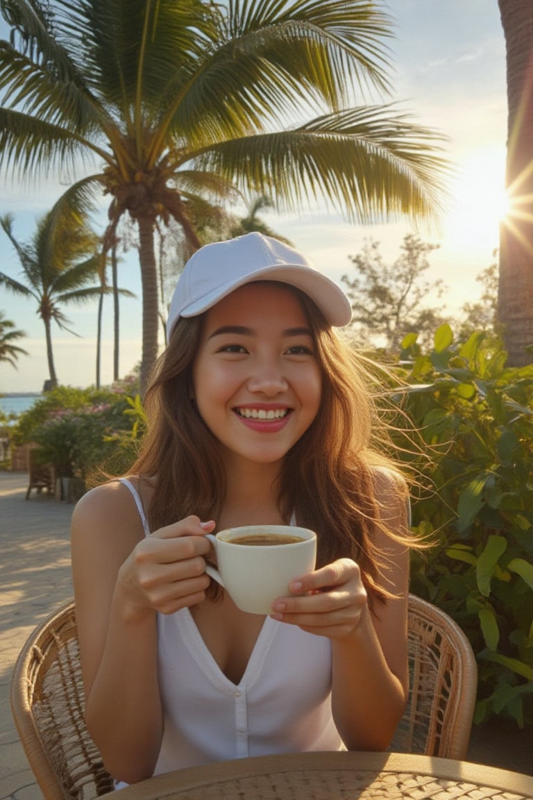 Close-up shot of a beaming young woman lit by a spot light, dressed in crisp white attire and a matching white cap, her windswept locks dancing in the gentle morning air. She cradles a steaming cup of coffee, the aroma wafting up as she savors the coastal breeze at an outdoor café nestled beneath a majestic palm tree. The sun rises over the distant beach, casting a warm glow on this idyllic scene.,SPOT