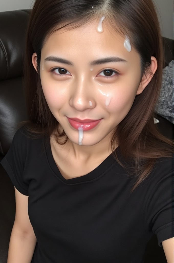 v4n3ss4, A high quality photograph of a Chinese woman. she is wearing a black t-shirt. the photograph shows her whole body including her legs. FCLHGE, (face cum glazed:1.2), cum on forehead, cum on nose. She has the face covered of cum and semen, cum drips on her lips, cum drips on her chin, cum on chin. the cum is a creamy white color. She is looking at the viewer. Perfect picture takes by a photograph. The skin texture is ultra realistic, and the cum is ultra realistic.