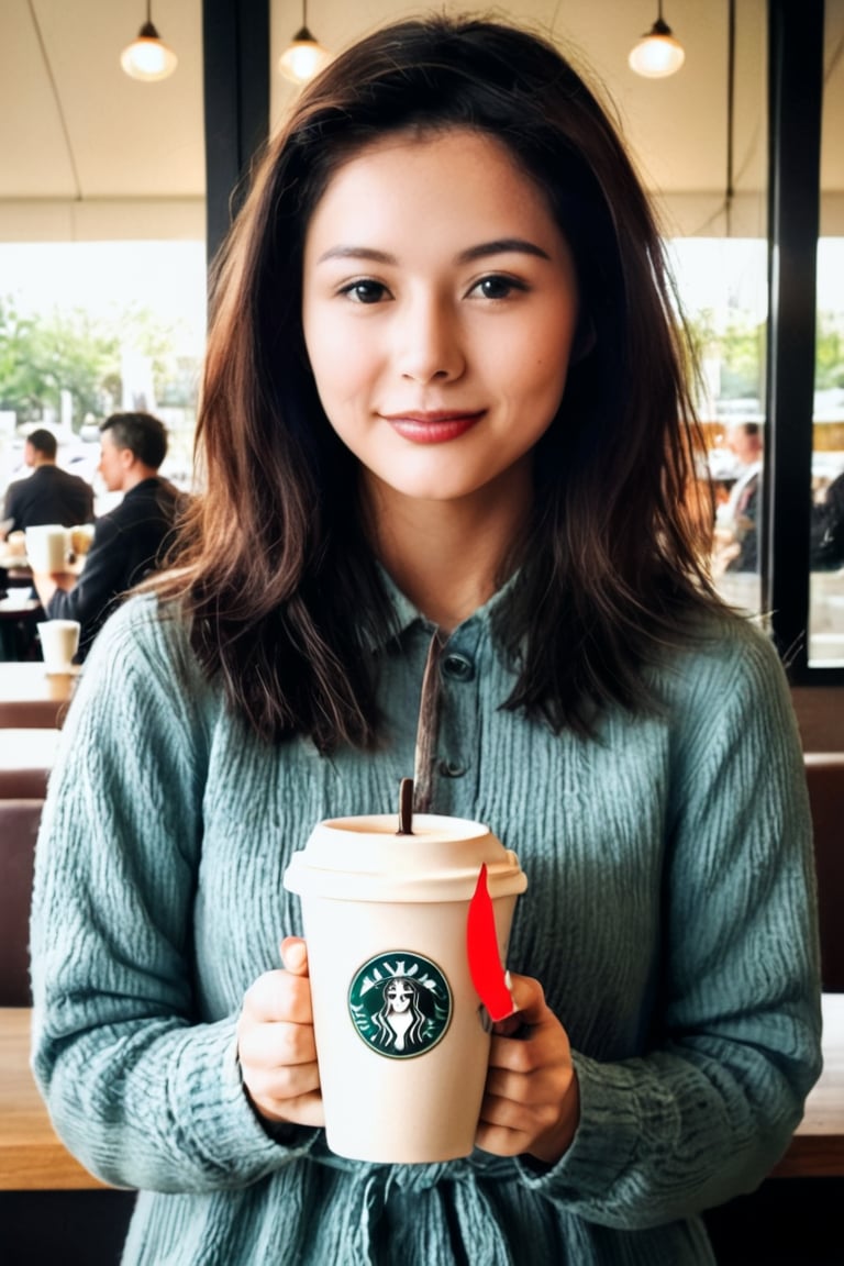 Photorealistic,realistic,1girl, holding a cup of coffee,chill,cafe,natural light