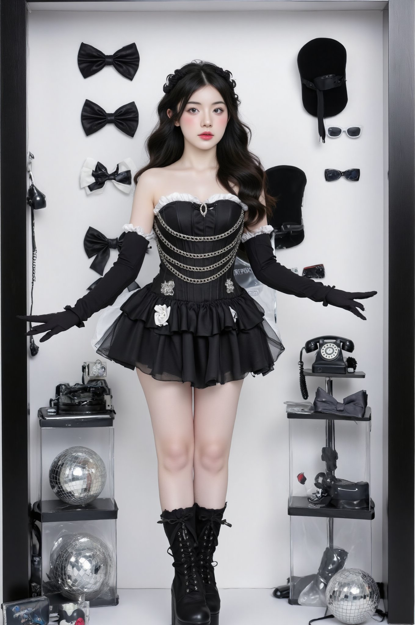 A fashion portrait of a young woman in gothic lolita style, set in a display box setting. She wears a black mini dress with corset bodice decorated with silver chains, long black gloves, and platform lace-up boots. Her hair is long, black and wavy. The background is white with vintage accessories including black bow ties, retro rotary telephones, sunglasses, and a disco ball on the floor. The composition resembles a fashion doll display case with a black frame. High fashion photography style with sharp lighting and monochromatic color scheme. High quality, detailed, 8k resolution,fluxboxc20,BeNhi