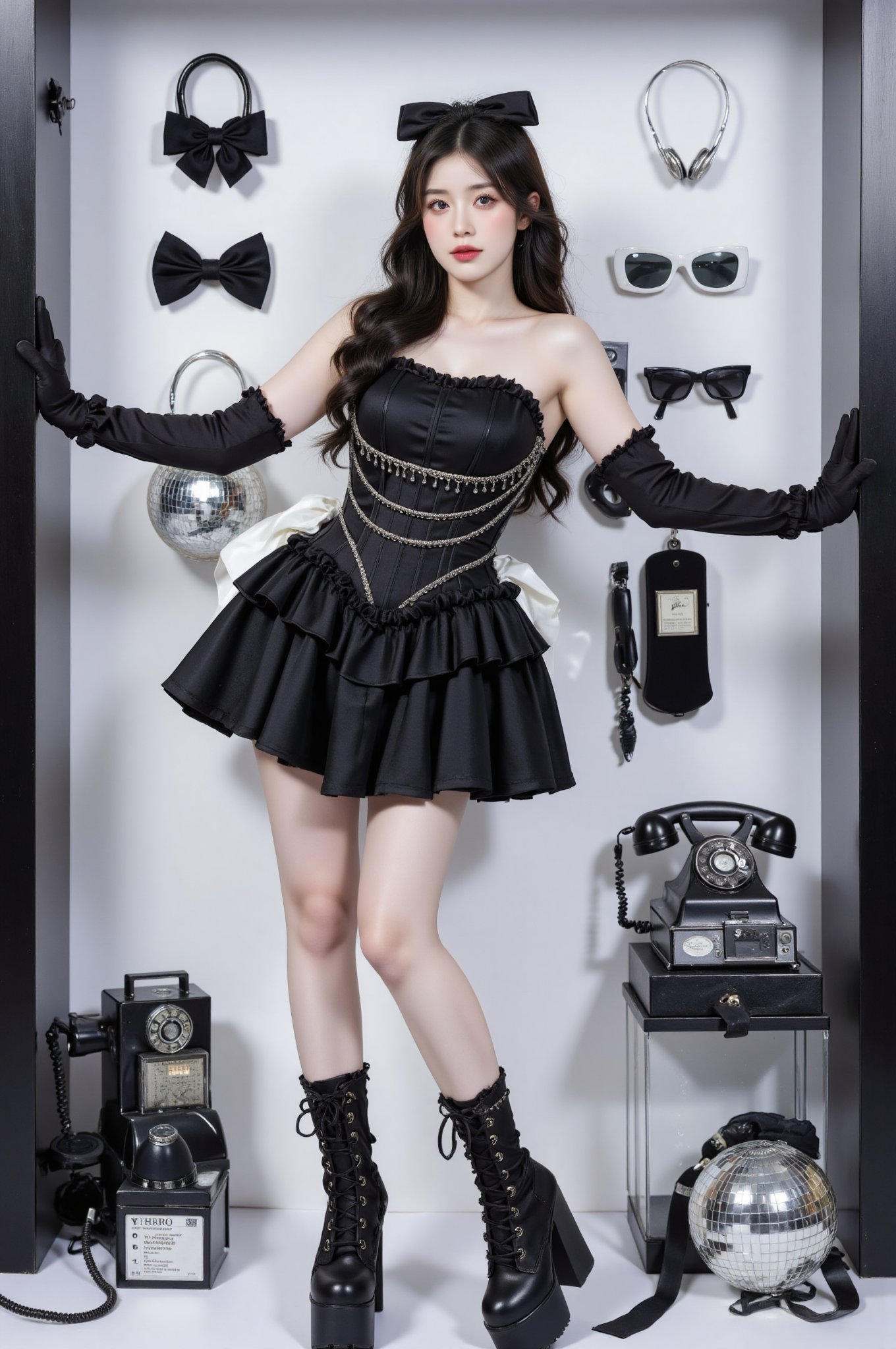 A fashion portrait of a young woman in gothic lolita style, set in a display box setting. She wears a black mini dress with corset bodice decorated with silver chains, long black gloves, and platform lace-up boots. Her hair is long, black and wavy. The background is white with vintage accessories including black bow ties, retro rotary telephones, sunglasses, and a disco ball on the floor. The composition resembles a fashion doll display case with a black frame. High fashion photography style with sharp lighting and monochromatic color scheme. High quality, detailed, 8k resolution,fluxboxc20,BeNhi