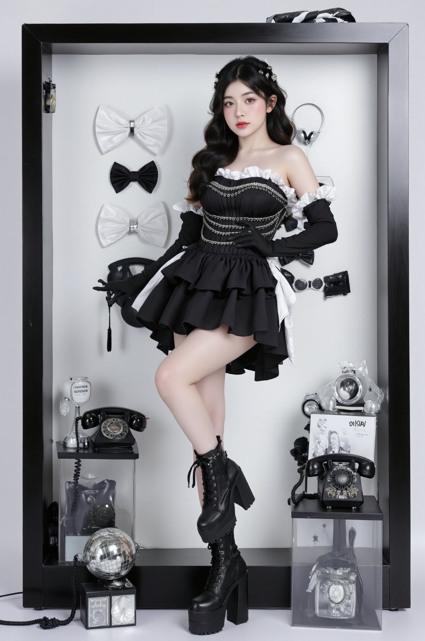 A fashion portrait of a young woman in gothic lolita style, set in a display box setting. She wears a black mini dress with corset bodice decorated with silver chains, long black gloves, and platform lace-up boots. Her hair is long, black and wavy. The background is white with vintage accessories including black bow ties, retro rotary telephones, sunglasses, and a disco ball on the floor. The composition resembles a fashion doll display case with a black frame. High fashion photography style with sharp lighting and monochromatic color scheme. High quality, detailed, 8k resolution,fluxboxc20,BeNhi