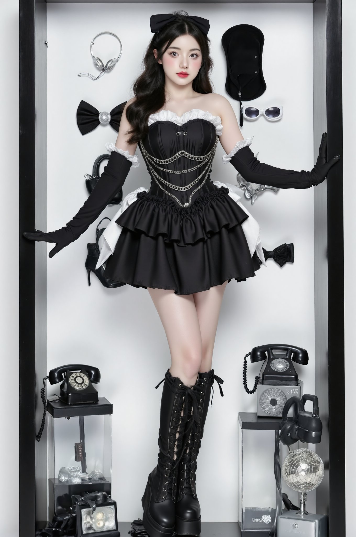 A fashion portrait of a young woman in gothic lolita style, set in a display box setting. She wears a black mini dress with corset bodice decorated with silver chains, long black gloves, and platform lace-up boots. Her hair is long, black and wavy. The background is white with vintage accessories including black bow ties, retro rotary telephones, sunglasses, and a disco ball on the floor. The composition resembles a fashion doll display case with a black frame. High fashion photography style with sharp lighting and monochromatic color scheme. High quality, detailed, 8k resolution,fluxboxc20,BeNhi