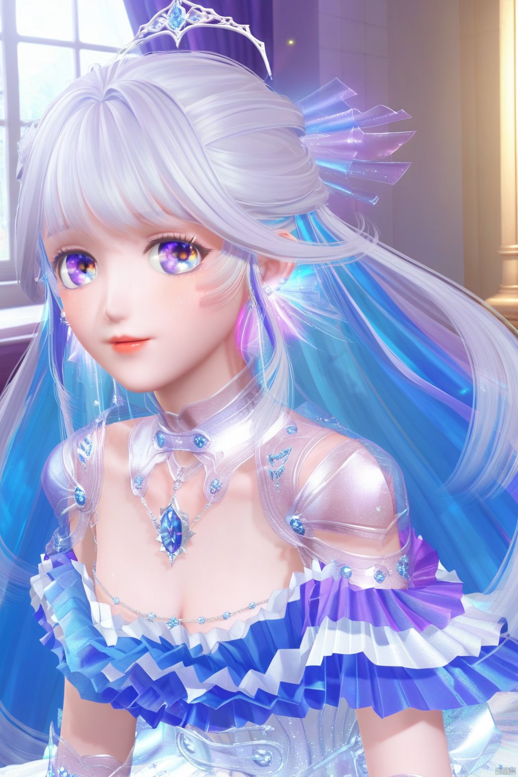 masterpiece, best quality, masterpiece,best quality,official art,extremely detailed CG unity 8k wallpaper,1girl,solo,bangs,long hair,dress,very long hair,colorful eyes,purple eyes,blue eyes,white dress,tiara,jewelry,multicolored hair,blue hair,white hair,earrings,cleavage,,indoors,portrait